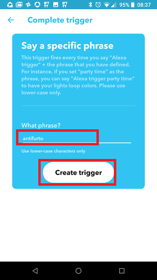 Applet Alexa IFTTT: frase trigger