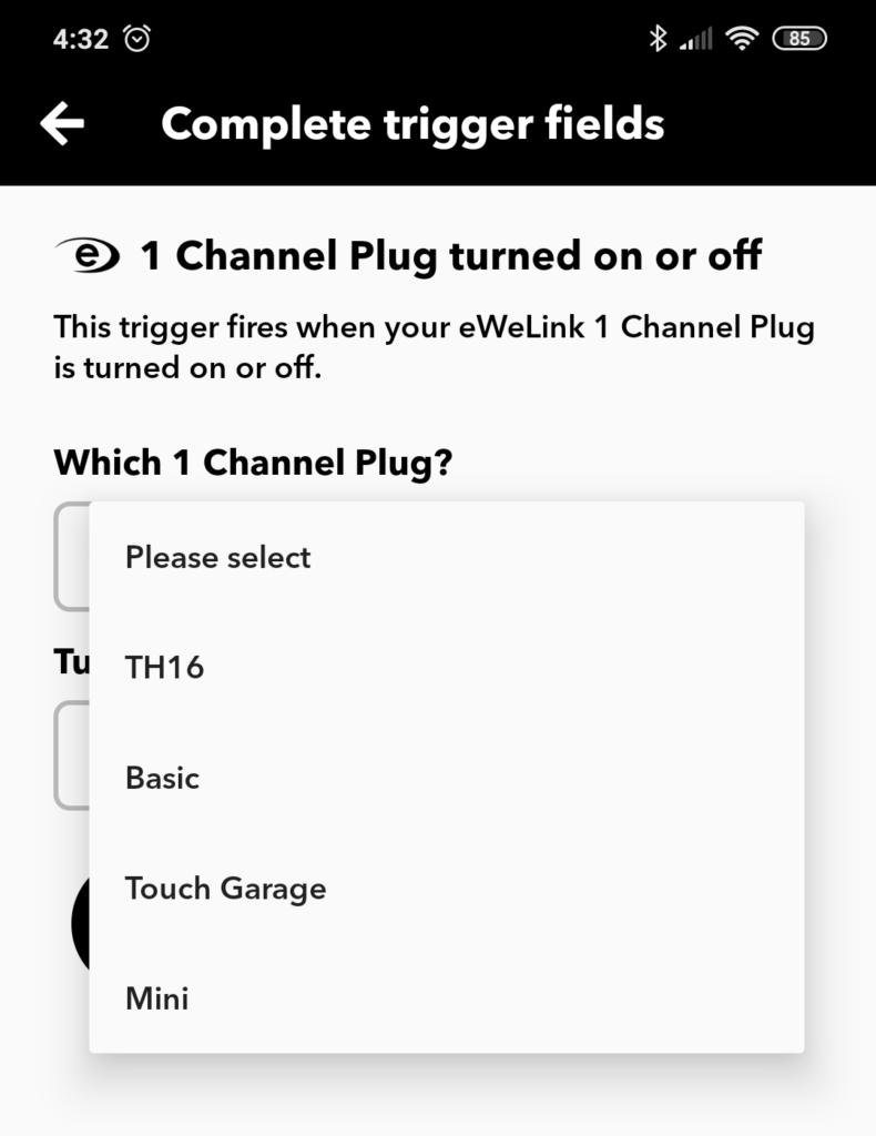 Trigger IFTTT prese Sonoff 1 canale