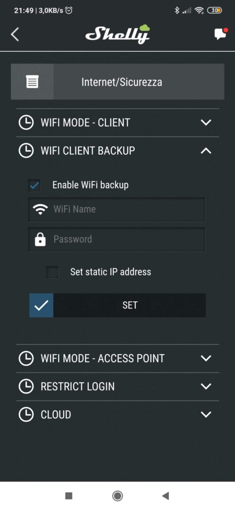 Shelly Cloud App WiFi Client Backup