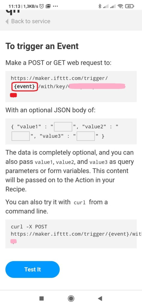 Webhooks in IFTTT:  evento (trigger)