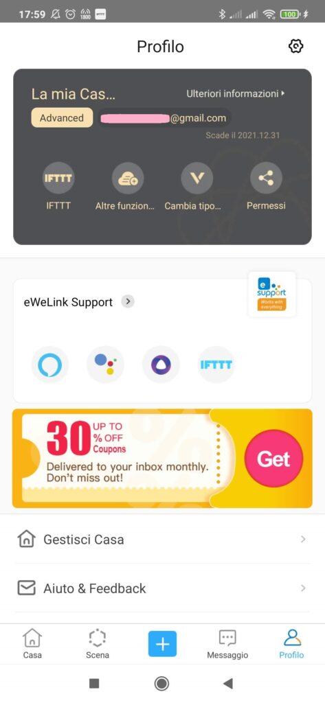 eWeLink App Sonoff: gestione profilo