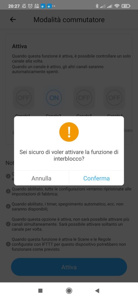 eWeLink App Sonoff interblocco (modalità commutatore)