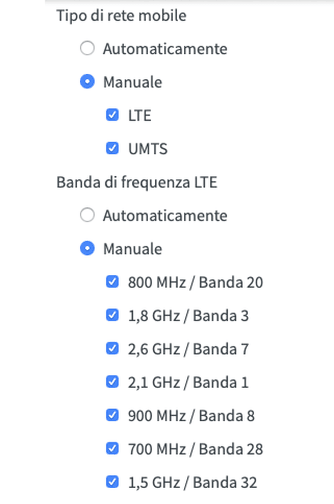 Selezione manuale bande LTE modem router 4G AVM FRITZ!Box 6890