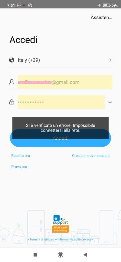 eWeLink App Sonoff errore login