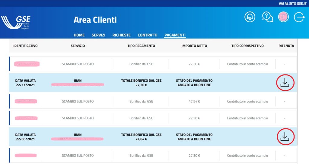 Sezione Pagamenti Area Clienti sito GSE