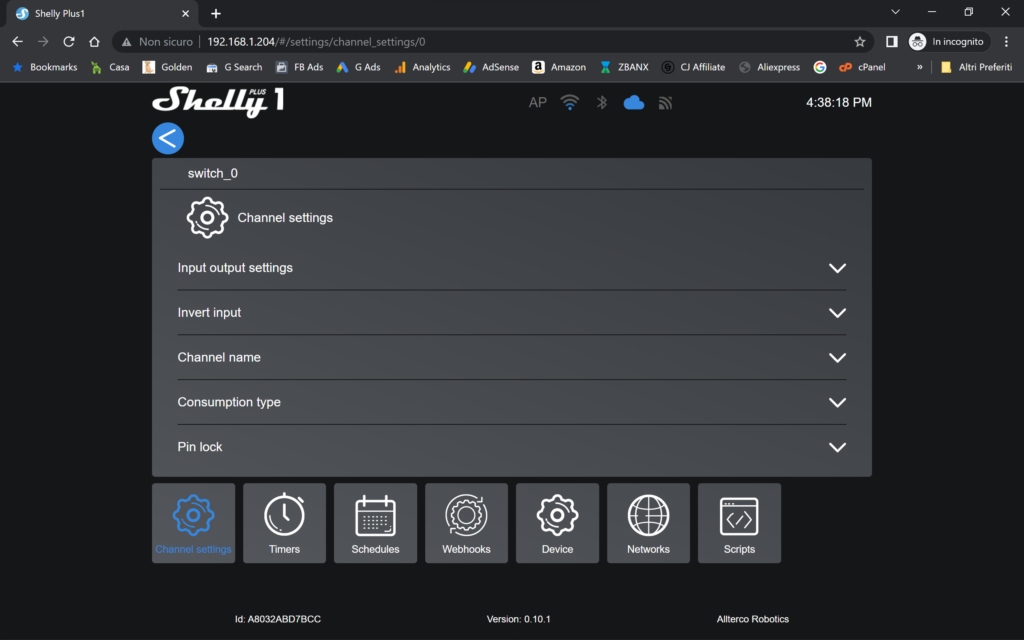 Accesso locale a web server dispositivo Shelly 1 Plus